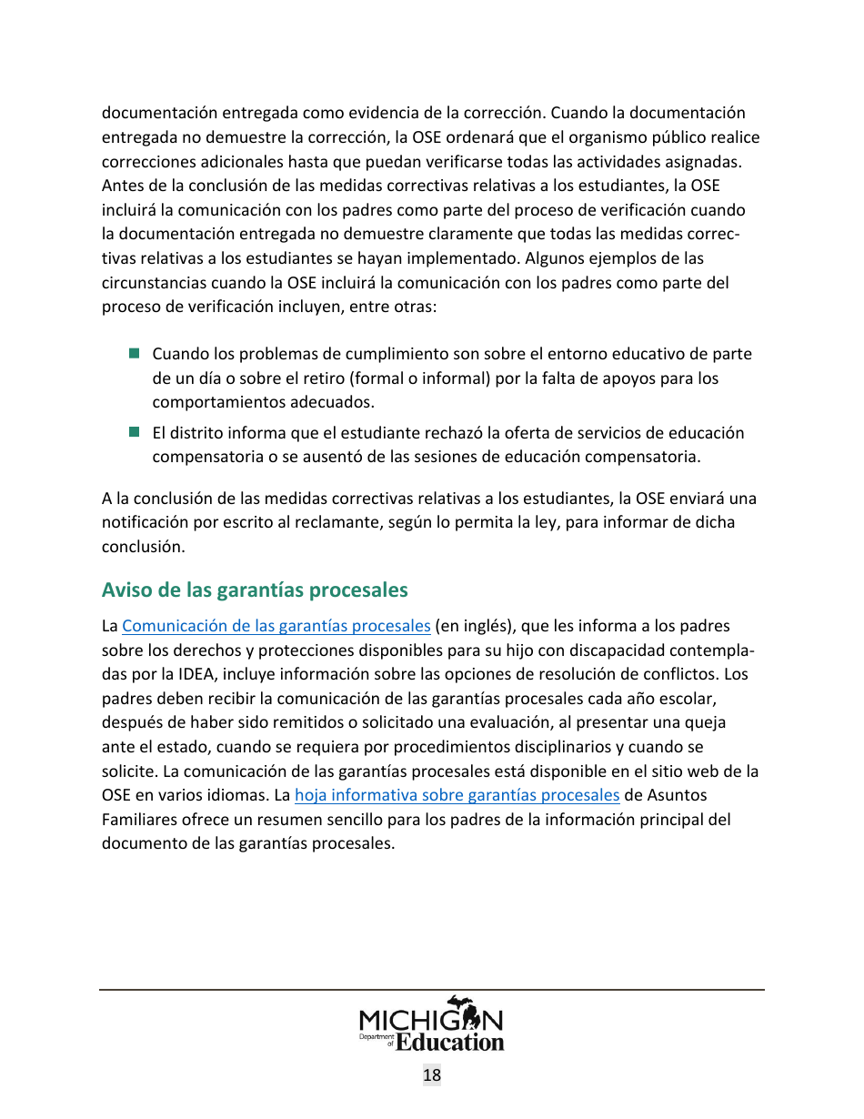 Quejas Ante El Estado Sobre Educacion Especial: Procedimientos Y Formularios Modelo - Michigan (Spanish), Page 18