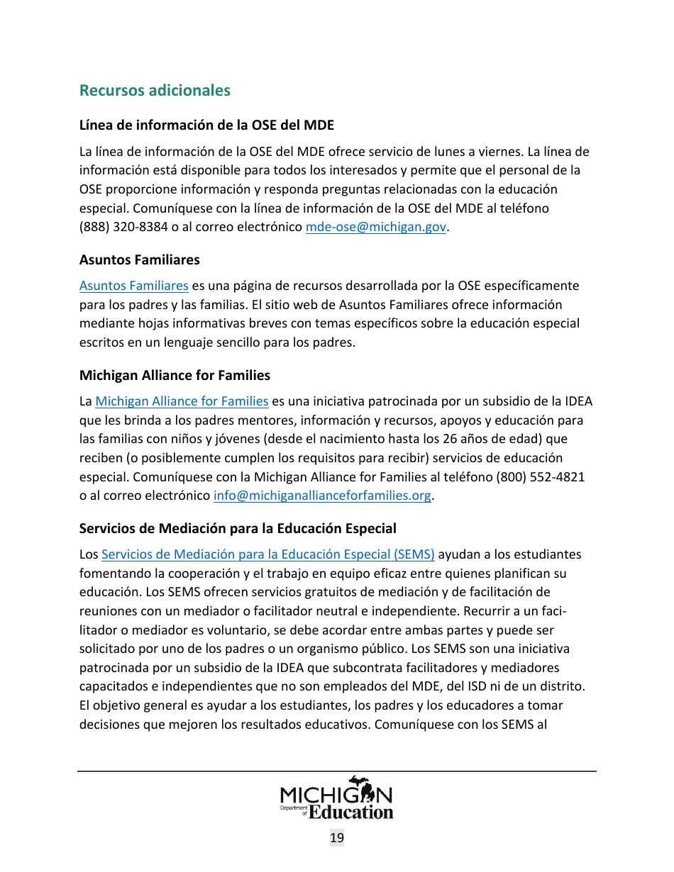 Quejas Ante El Estado Sobre Educacion Especial: Procedimientos Y Formularios Modelo - Michigan (Spanish), Page 19