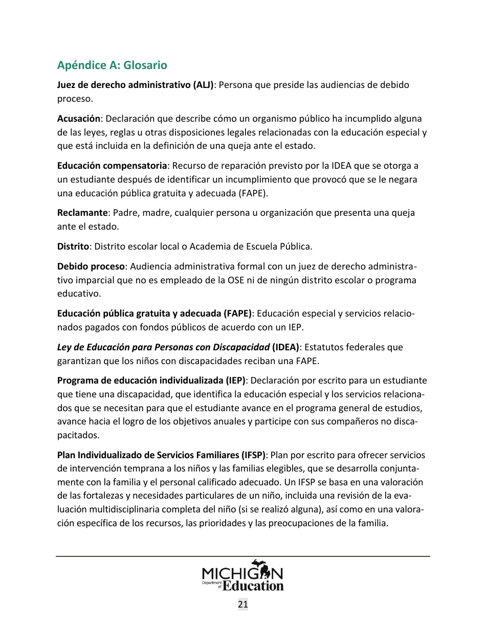 Quejas Ante El Estado Sobre Educacion Especial: Procedimientos Y Formularios Modelo - Michigan (Spanish), Page 21