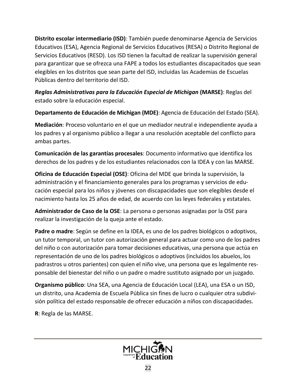 Quejas Ante El Estado Sobre Educacion Especial: Procedimientos Y Formularios Modelo - Michigan (Spanish), Page 22
