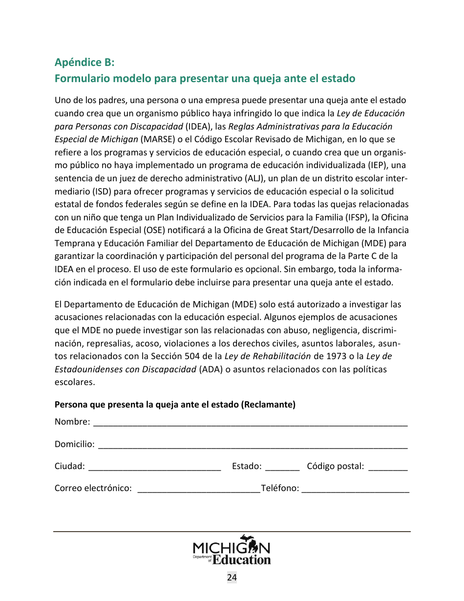 Quejas Ante El Estado Sobre Educacion Especial: Procedimientos Y Formularios Modelo - Michigan (Spanish), Page 24