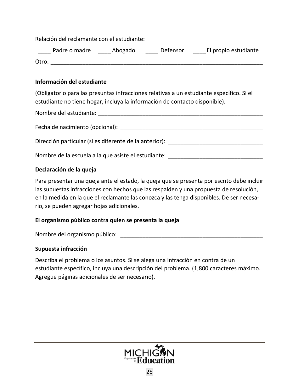 Quejas Ante El Estado Sobre Educacion Especial: Procedimientos Y Formularios Modelo - Michigan (Spanish), Page 25