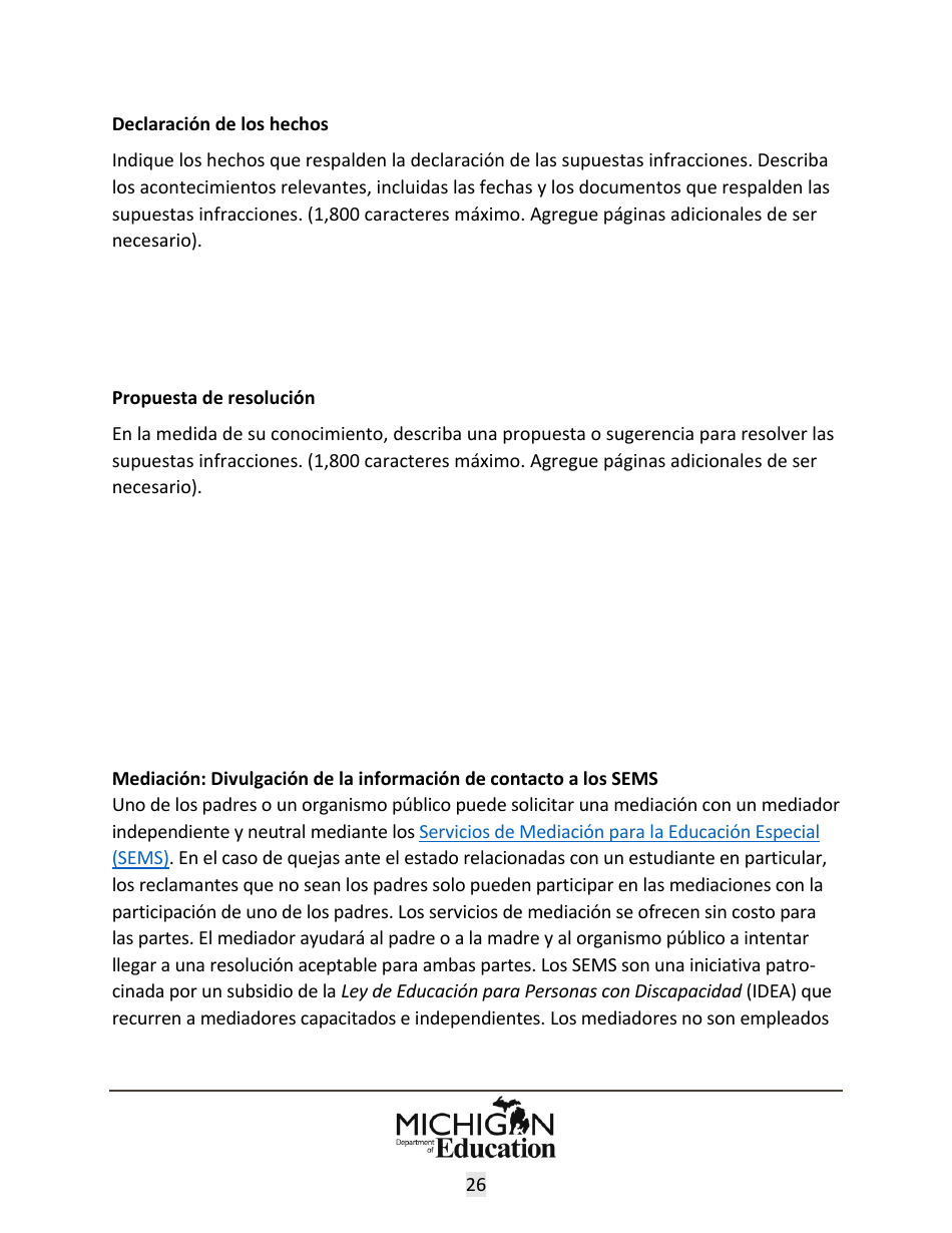 Quejas Ante El Estado Sobre Educacion Especial: Procedimientos Y Formularios Modelo - Michigan (Spanish), Page 26