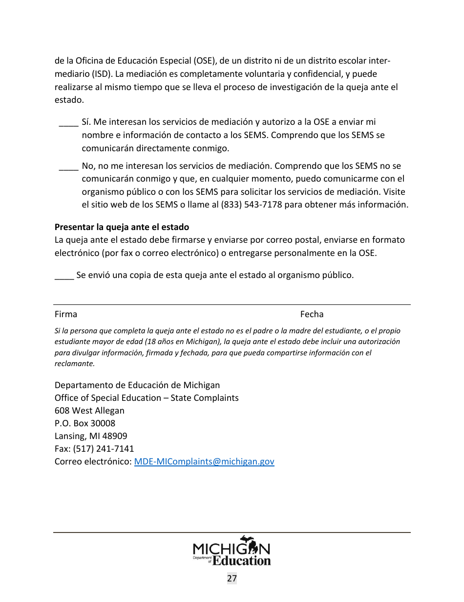 Quejas Ante El Estado Sobre Educacion Especial: Procedimientos Y Formularios Modelo - Michigan (Spanish), Page 27