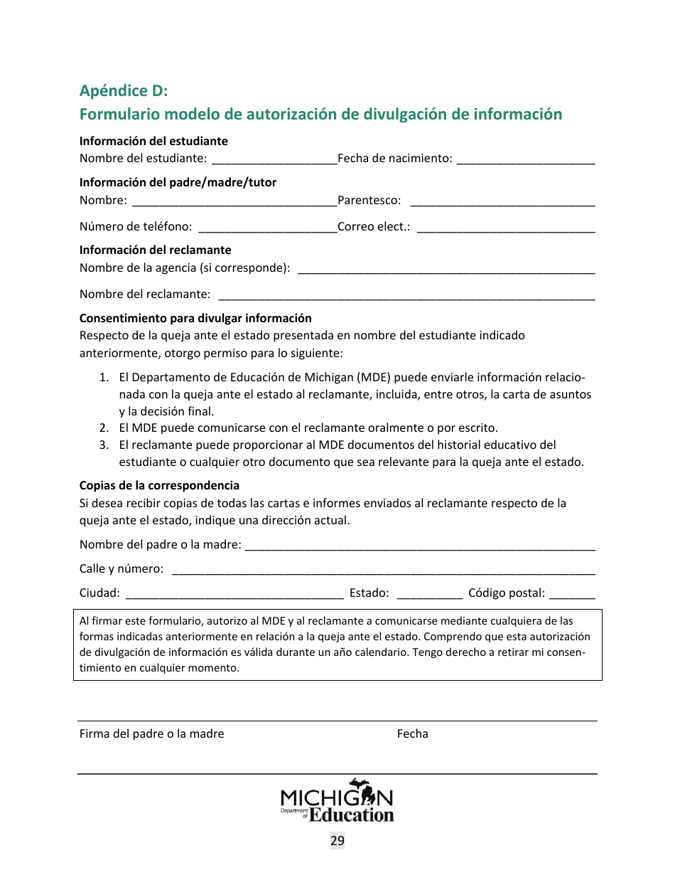 Quejas Ante El Estado Sobre Educacion Especial: Procedimientos Y Formularios Modelo - Michigan (Spanish), Page 29