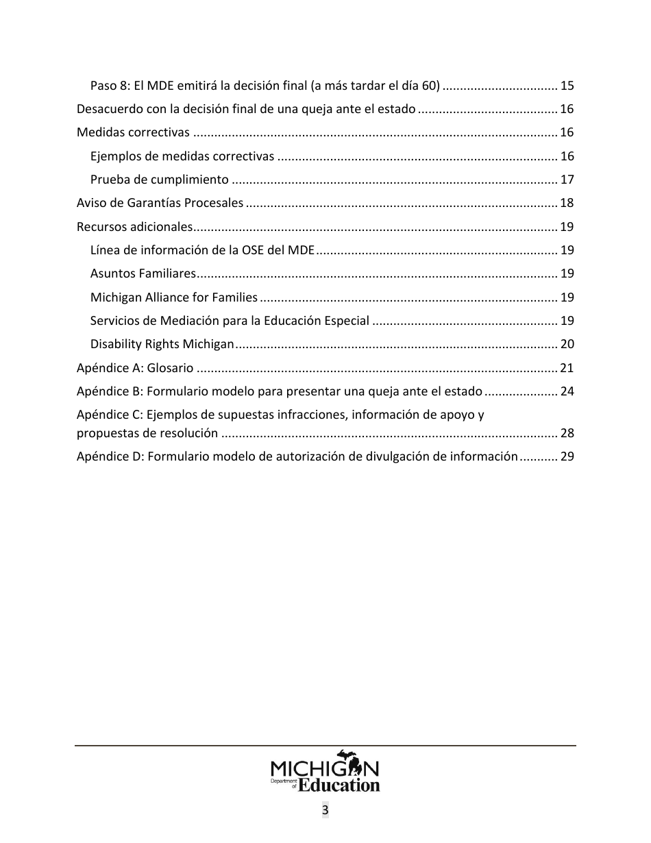 Quejas Ante El Estado Sobre Educacion Especial: Procedimientos Y Formularios Modelo - Michigan (Spanish), Page 3