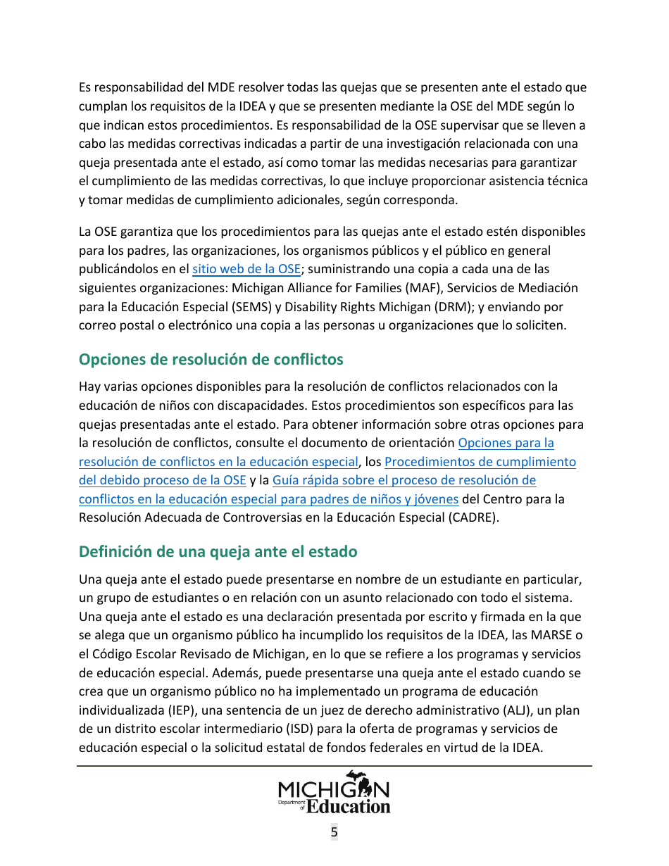 Quejas Ante El Estado Sobre Educacion Especial: Procedimientos Y Formularios Modelo - Michigan (Spanish), Page 5