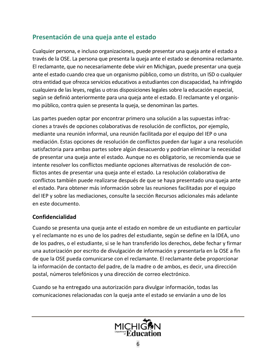 Quejas Ante El Estado Sobre Educacion Especial: Procedimientos Y Formularios Modelo - Michigan (Spanish), Page 6