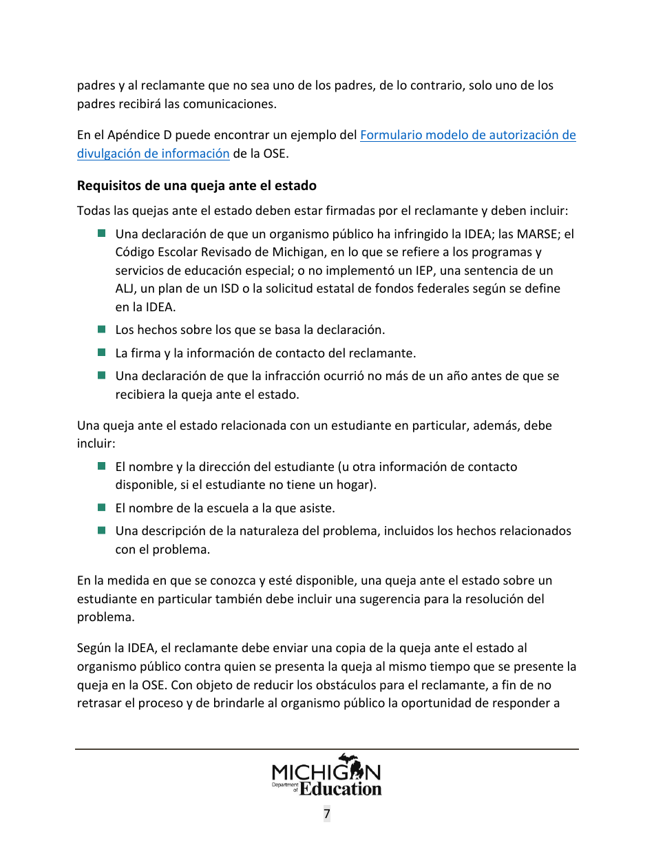 Quejas Ante El Estado Sobre Educacion Especial: Procedimientos Y Formularios Modelo - Michigan (Spanish), Page 7