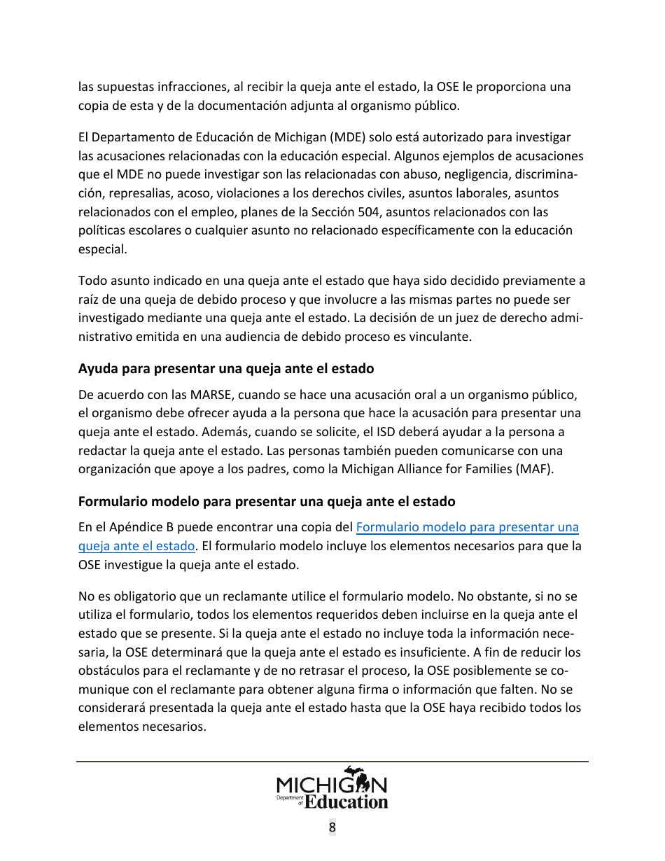 Quejas Ante El Estado Sobre Educacion Especial: Procedimientos Y Formularios Modelo - Michigan (Spanish), Page 8