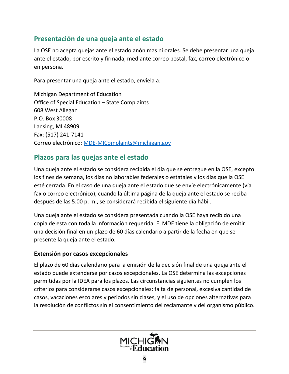 Quejas Ante El Estado Sobre Educacion Especial: Procedimientos Y Formularios Modelo - Michigan (Spanish), Page 9