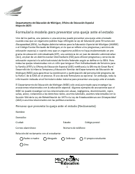 Document preview: Formulario Modelo Para Presentar Una Queja Ante El Estado - Michigan (Spanish)