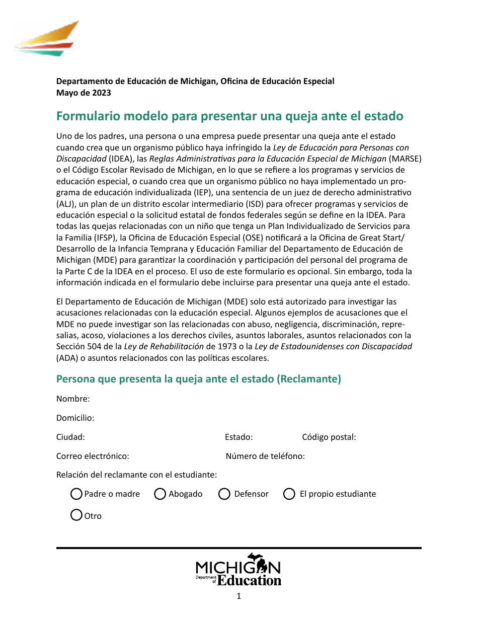 Formulario Modelo Para Presentar Una Queja Ante El Estado - Michigan (Spanish), Page 1