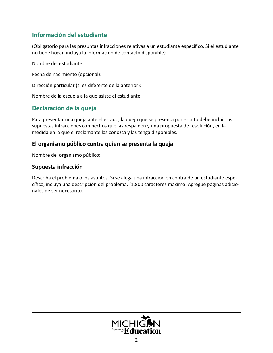Formulario Modelo Para Presentar Una Queja Ante El Estado - Michigan (Spanish), Page 2