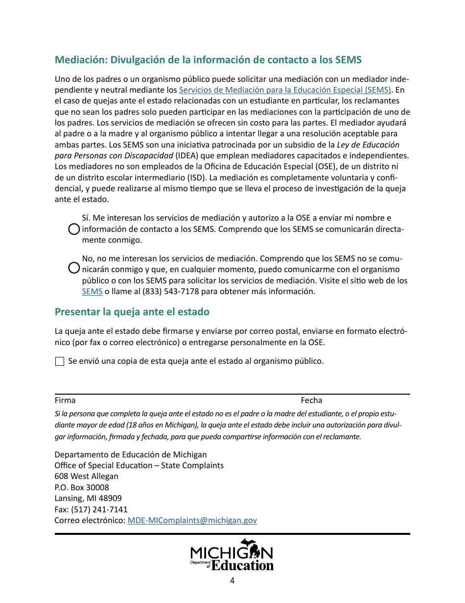 Formulario Modelo Para Presentar Una Queja Ante El Estado - Michigan (Spanish), Page 4
