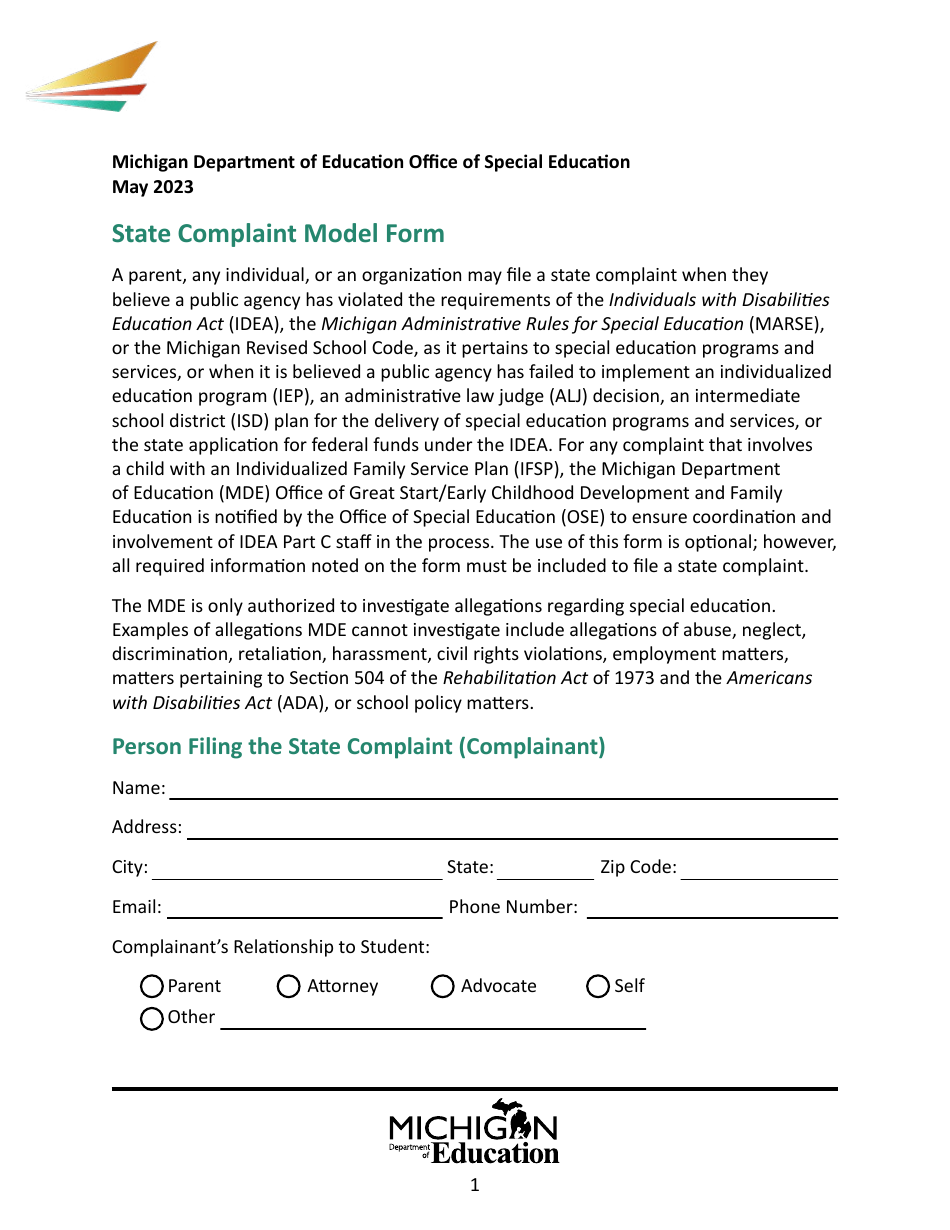 Michigan State Complaint Model Form Download Fillable PDF 2021 — 2024 ...