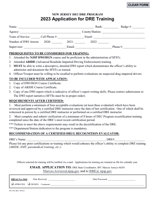 Form S.P.041 Application for Dre Training - New Jersey, 2023