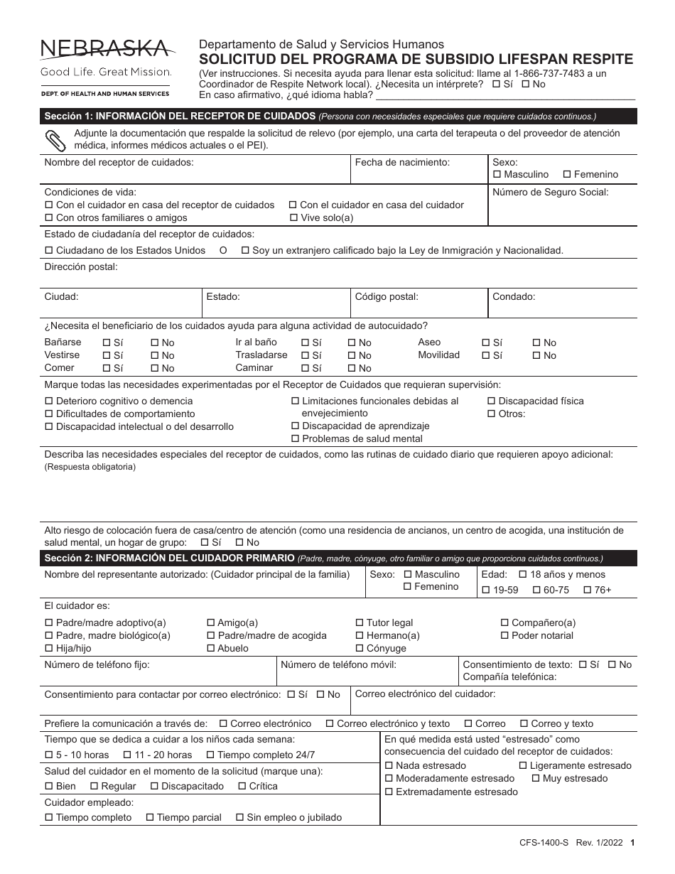 Formulario CFS-1400-S Solicitud Del Programa De Subsidio Lifespan Respite - Nebraska (Spanish), Page 1