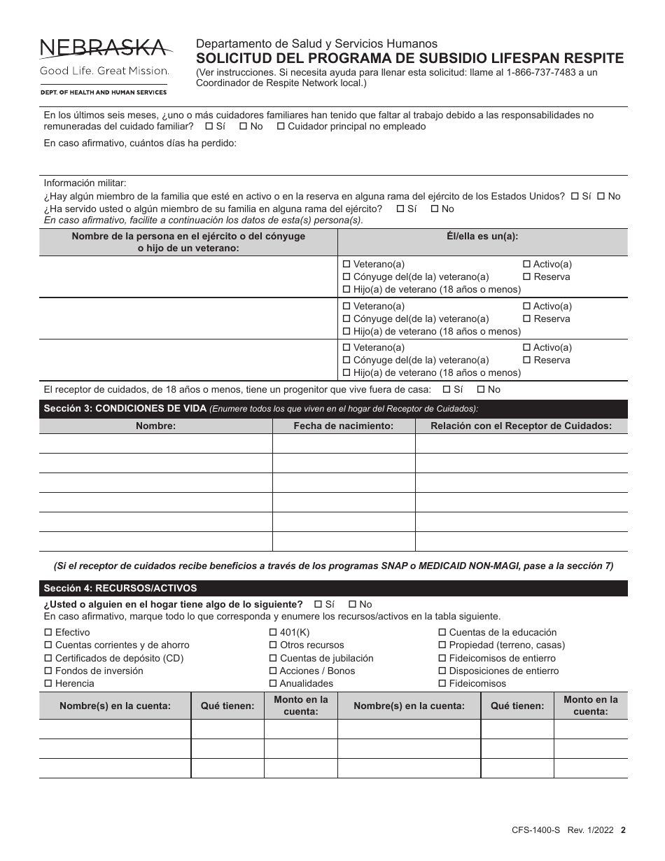 Formulario CFS-1400-S Solicitud Del Programa De Subsidio Lifespan Respite - Nebraska (Spanish), Page 2
