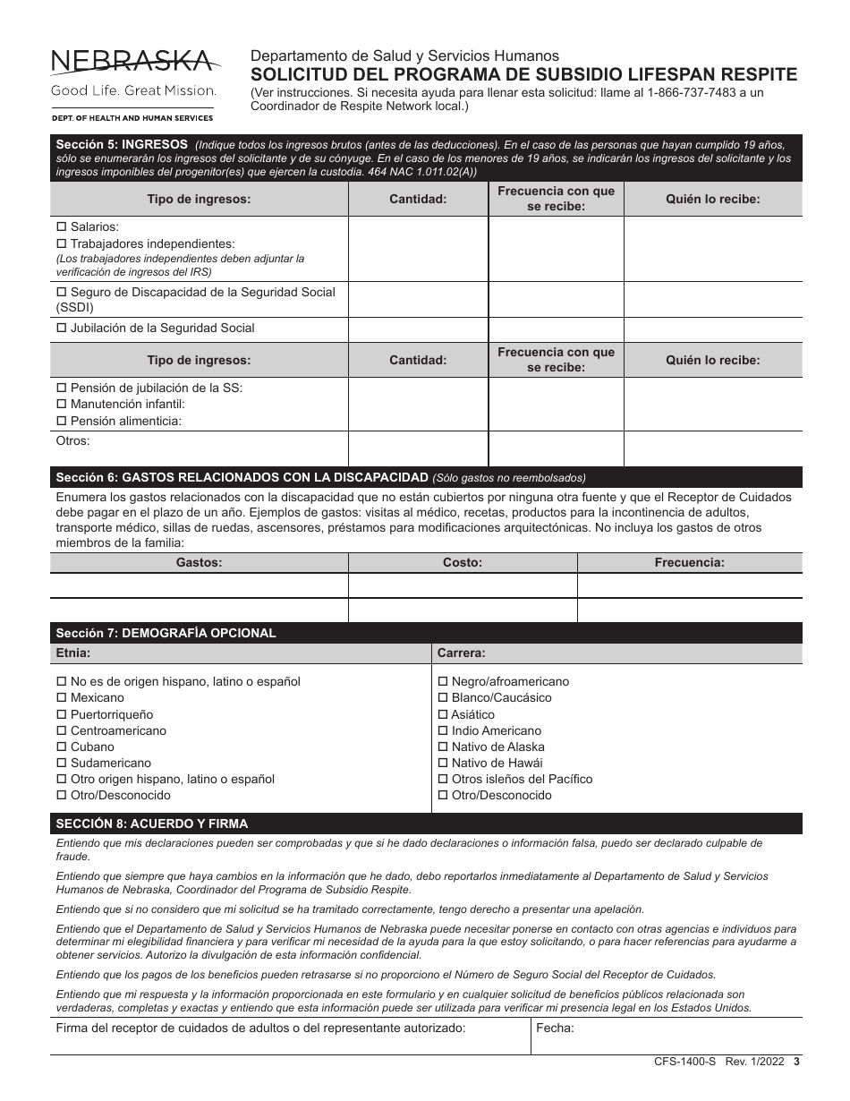 Formulario CFS-1400-S Solicitud Del Programa De Subsidio Lifespan Respite - Nebraska (Spanish), Page 3