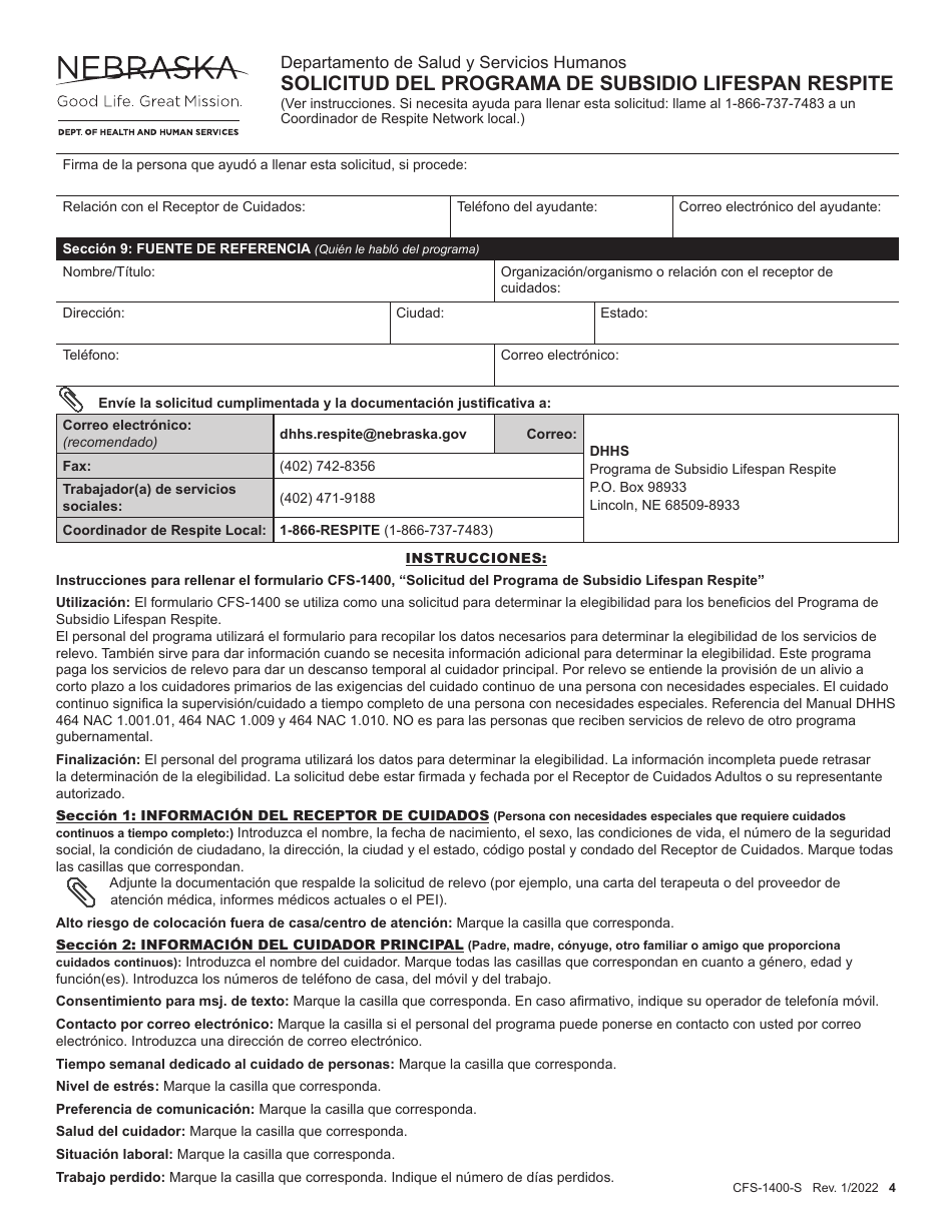 Formulario CFS-1400-S Solicitud Del Programa De Subsidio Lifespan Respite - Nebraska (Spanish), Page 4