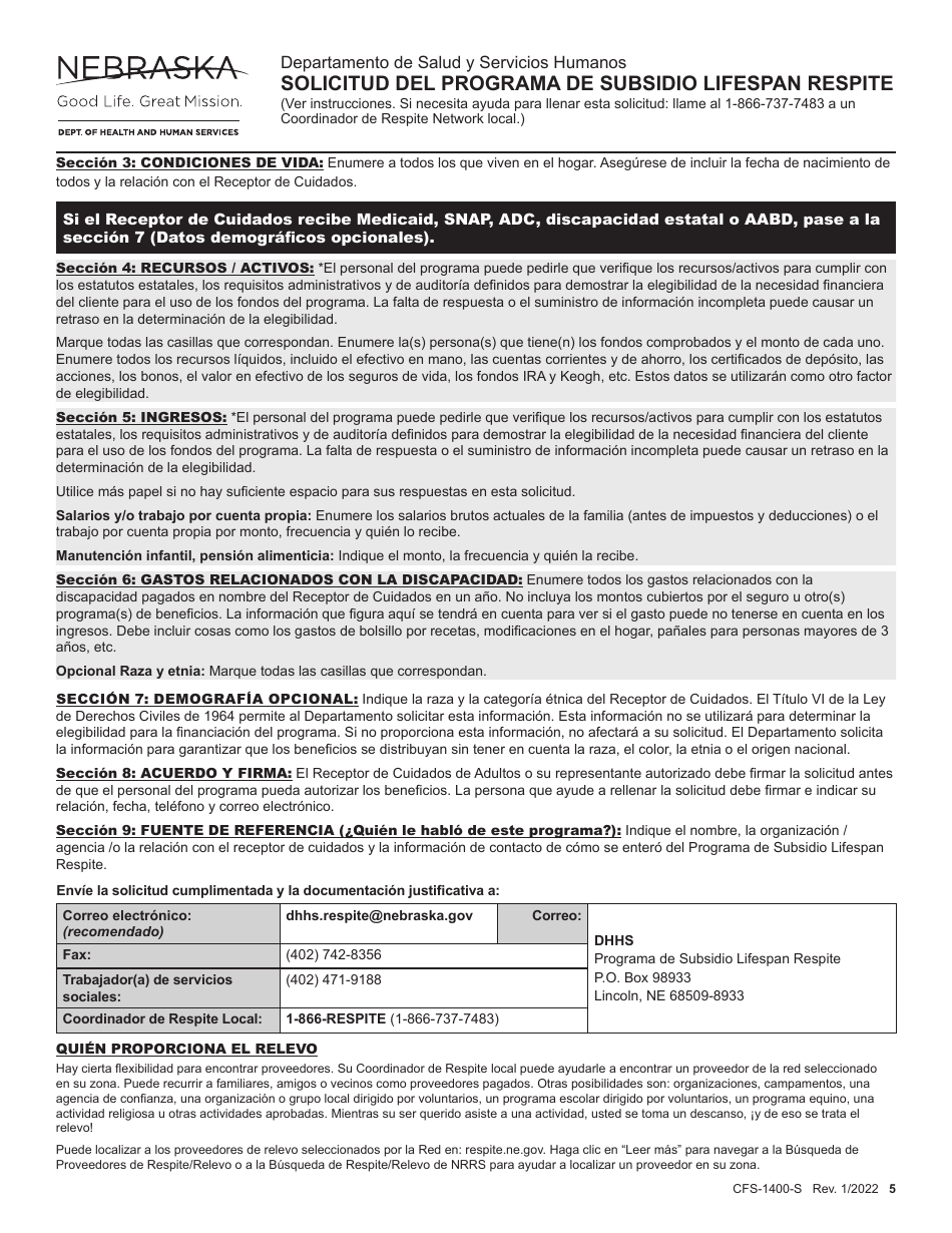 Formulario CFS-1400-S Solicitud Del Programa De Subsidio Lifespan Respite - Nebraska (Spanish), Page 5