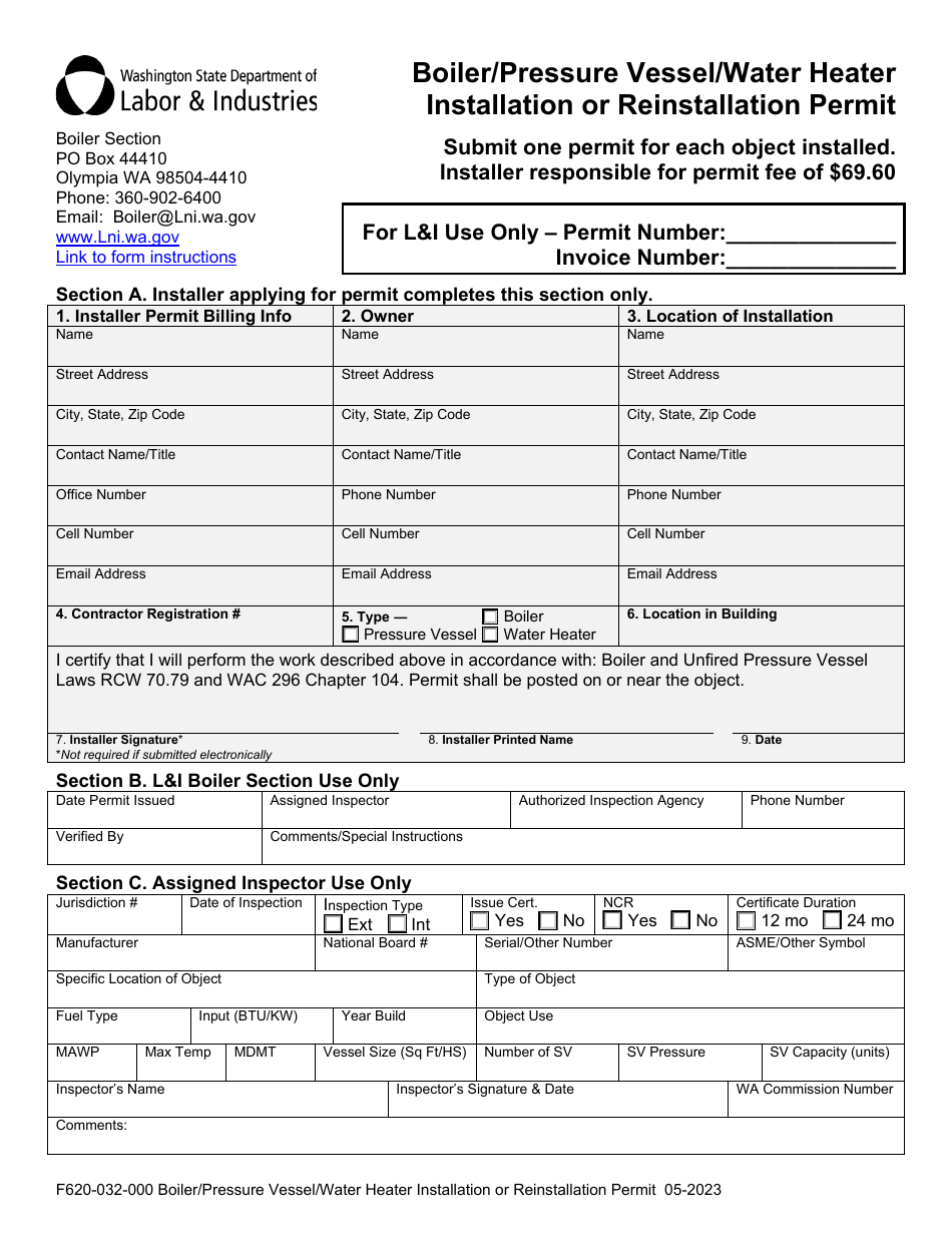 Form F620-032-000 Boiler / Pressure Vessel / Water Heater Installation or Reinstallation Permit - Washington, Page 1