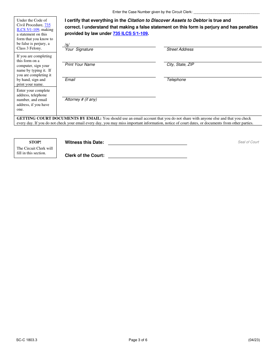 Form SC-C1803.3 Citation to Discover Assets to Debtor - Illinois, Page 3