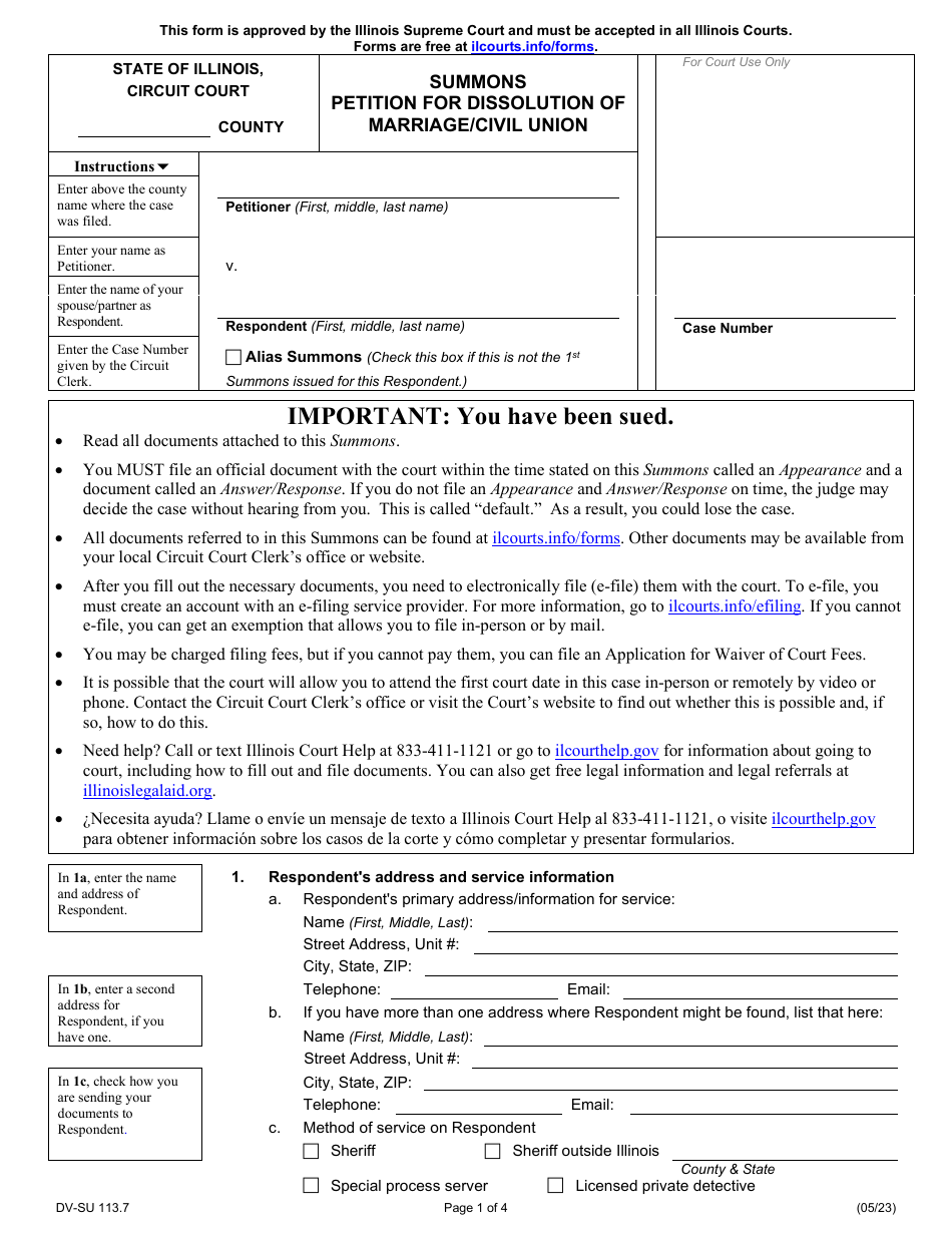 Form DV-SU113.7 Summons Petition for Dissolution of Marriage / Civil Union - Illinois, Page 1