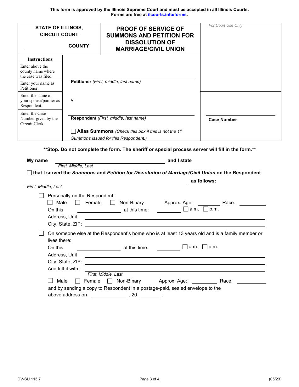 Form DV-SU113.7 Summons Petition for Dissolution of Marriage / Civil Union - Illinois, Page 3