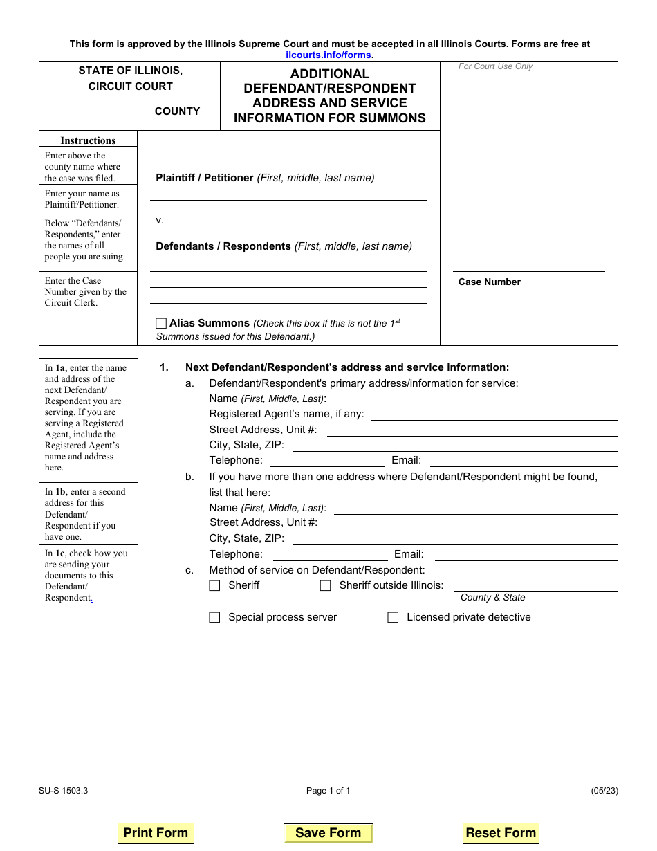 Form SU-S1503.3 Additional Defendant / Respondent Address and Service Information for Summons - Illinois, Page 1