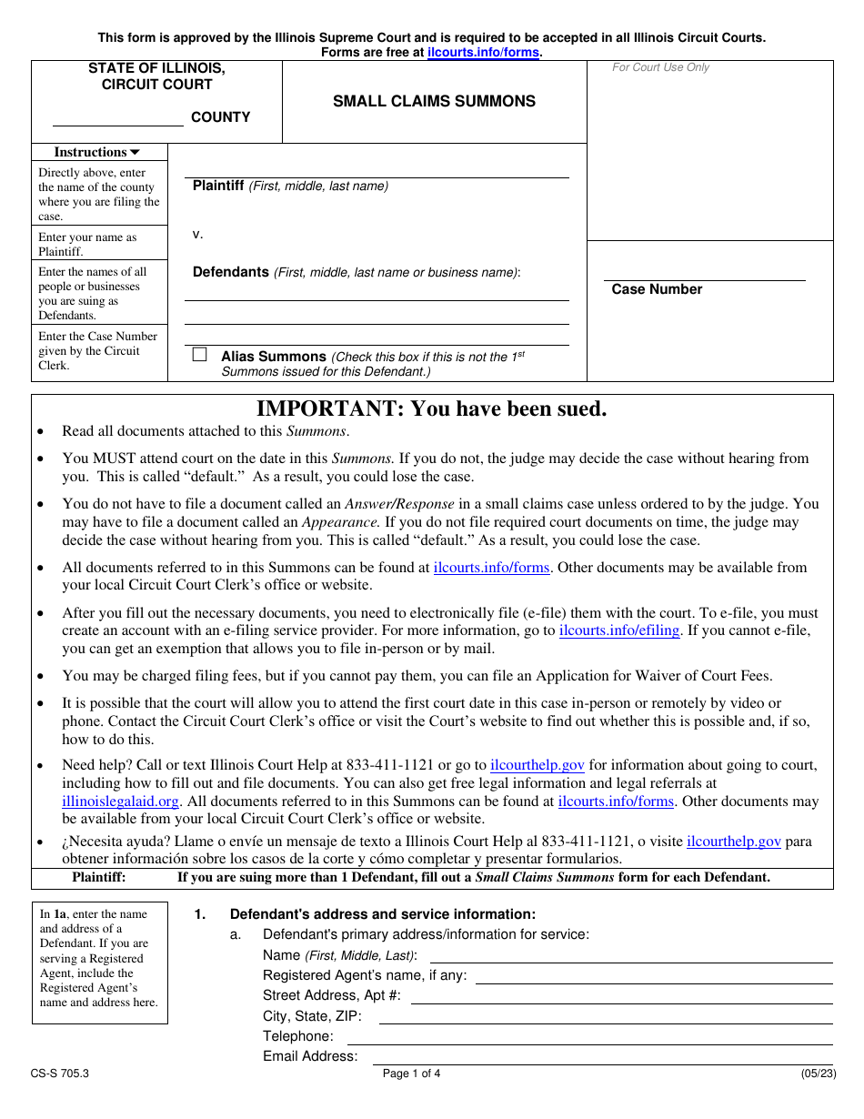 Form CS-S705.3 Small Claims Summons - Illinois, Page 1