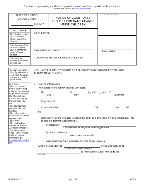 Form NCM-N2007.5 Notice of Court Date Request for Name Change (Minor Children) - Illinois