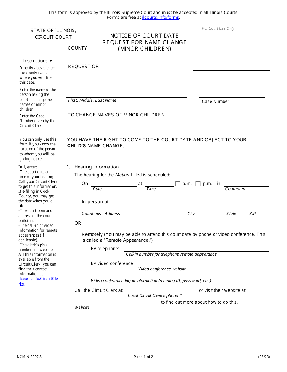 Form NCM-N2007.5 Notice of Court Date Request for Name Change (Minor Children) - Illinois, Page 1