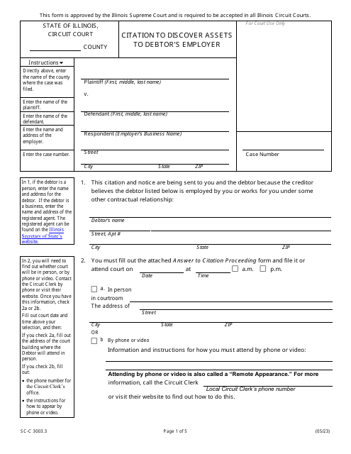 Form SC-C3003.3 Citation to Discover Assets to Debtor's Employer - Illinois