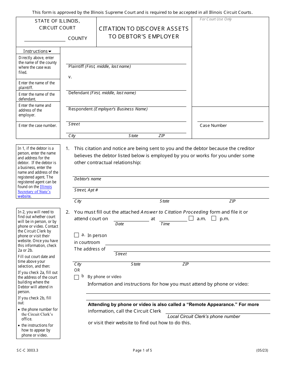 Form SC-C3003.3 Citation to Discover Assets to Debtors Employer - Illinois, Page 1