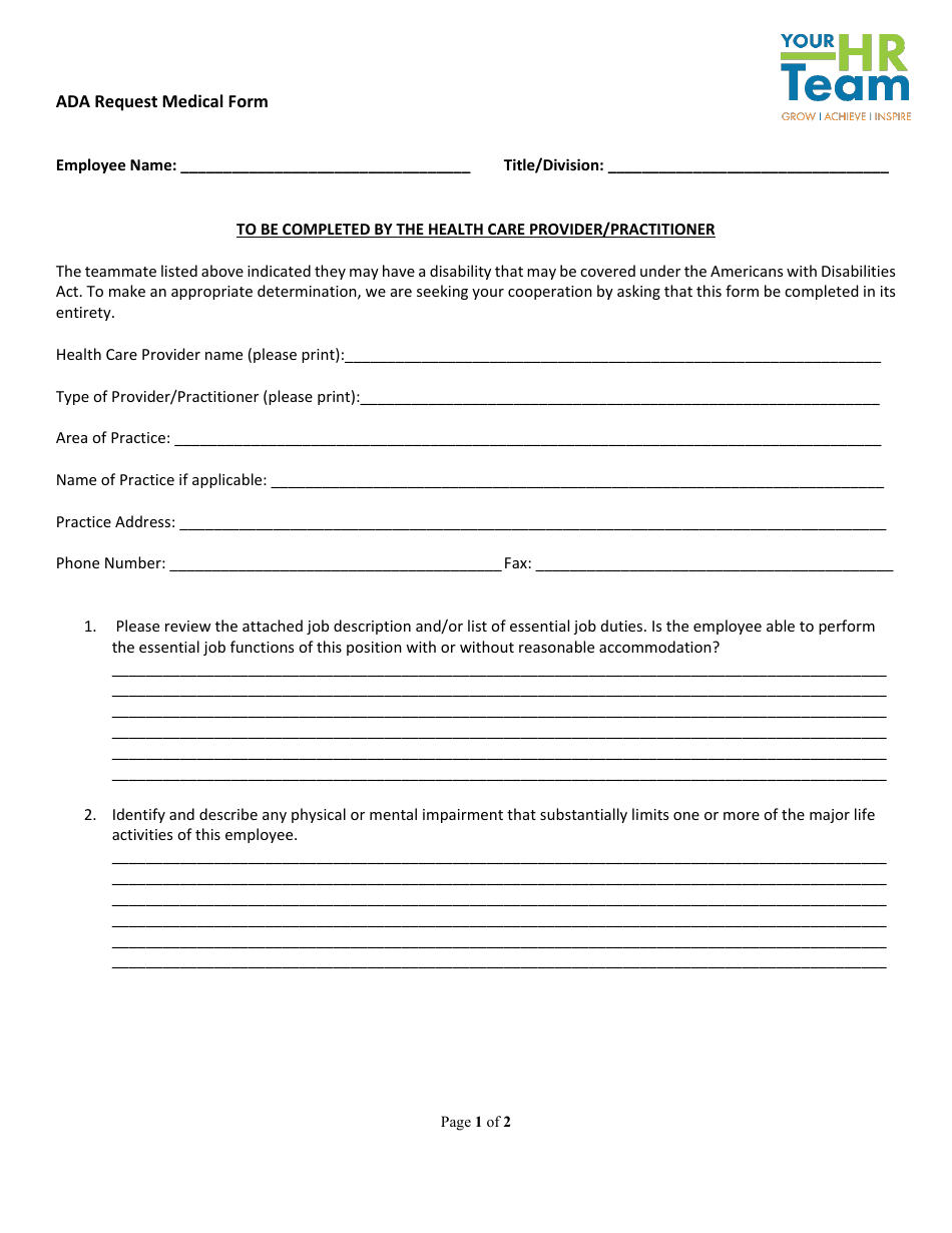 Ada Request Medical Form - Healthcare Provider Reasonable Accommodation - Nebraska, Page 1