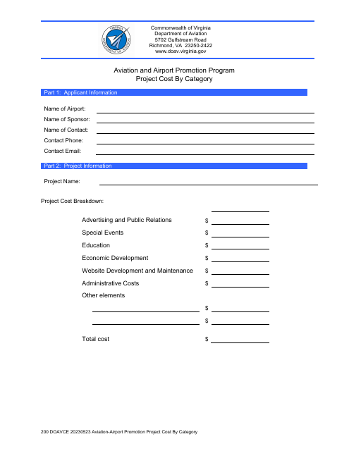 Project Cost by Category - Aviation and Airport Promotion Program - Virginia Download Pdf