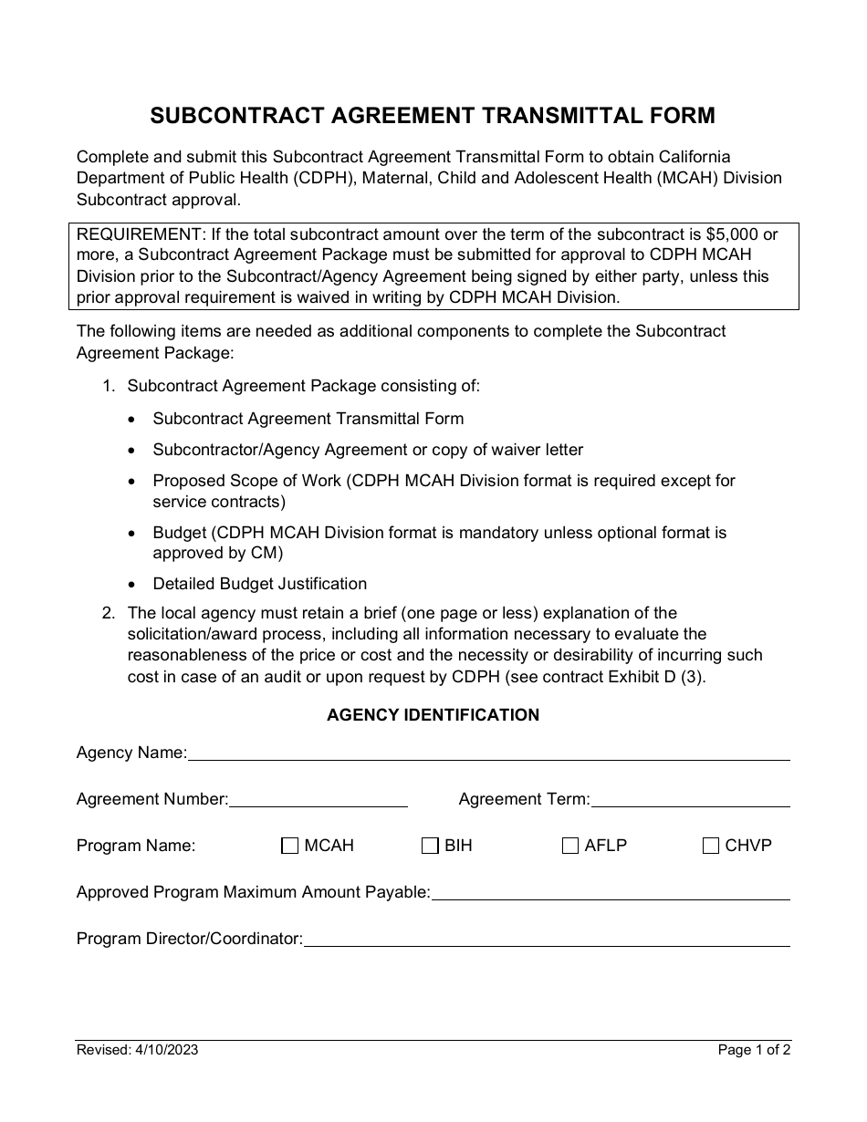 Subcontract Agreement Transmittal Form - California, Page 1