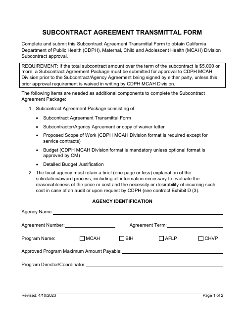 Subcontract Agreement Transmittal Form - California Download Pdf