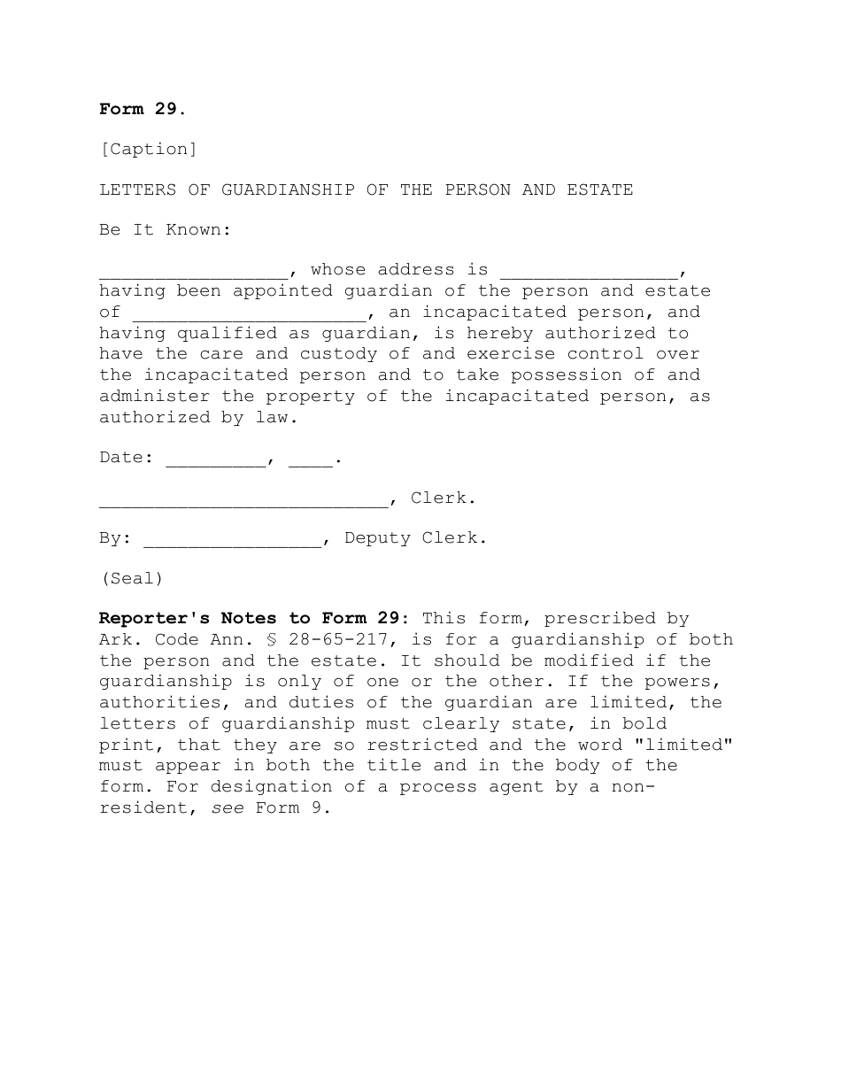 Form 29 Letters of Guardianship of the Person and Estate - Arkansas, Page 1