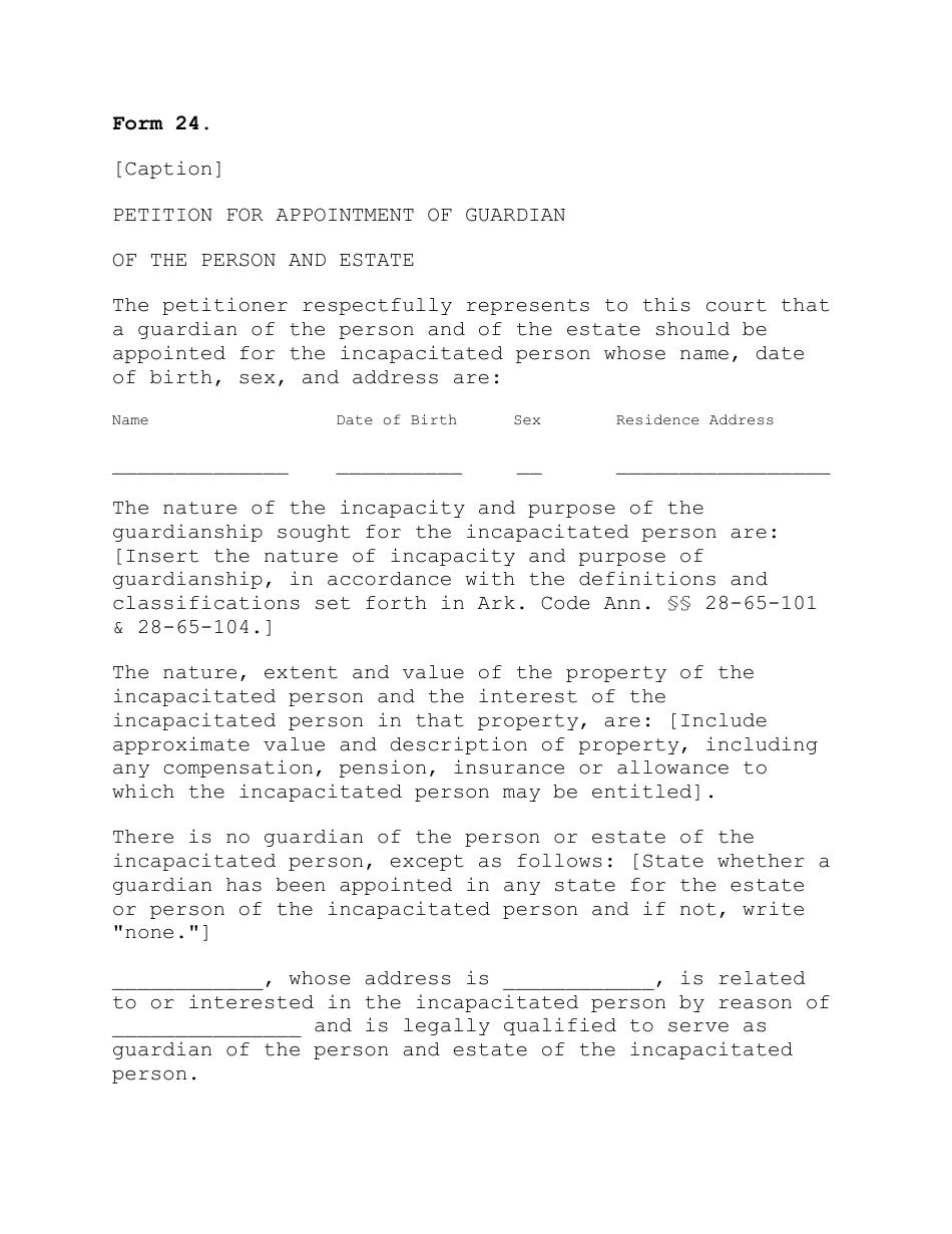 Form 24 Petition for Appointment of Guardian of the Person and Estate - Arkansas, Page 1