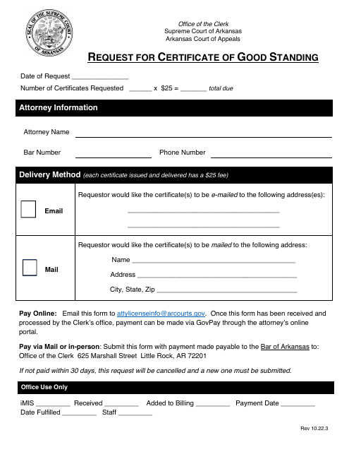 Request for Certificate of Good Standing - Arkansas Download Pdf