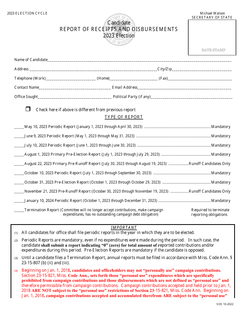 Report of Receipts and Disbursements - Candidate - Mississippi, Page 1