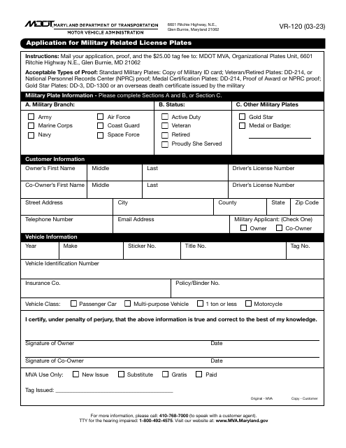 Form VR-120 Application for Military Related License Plates - Maryland
