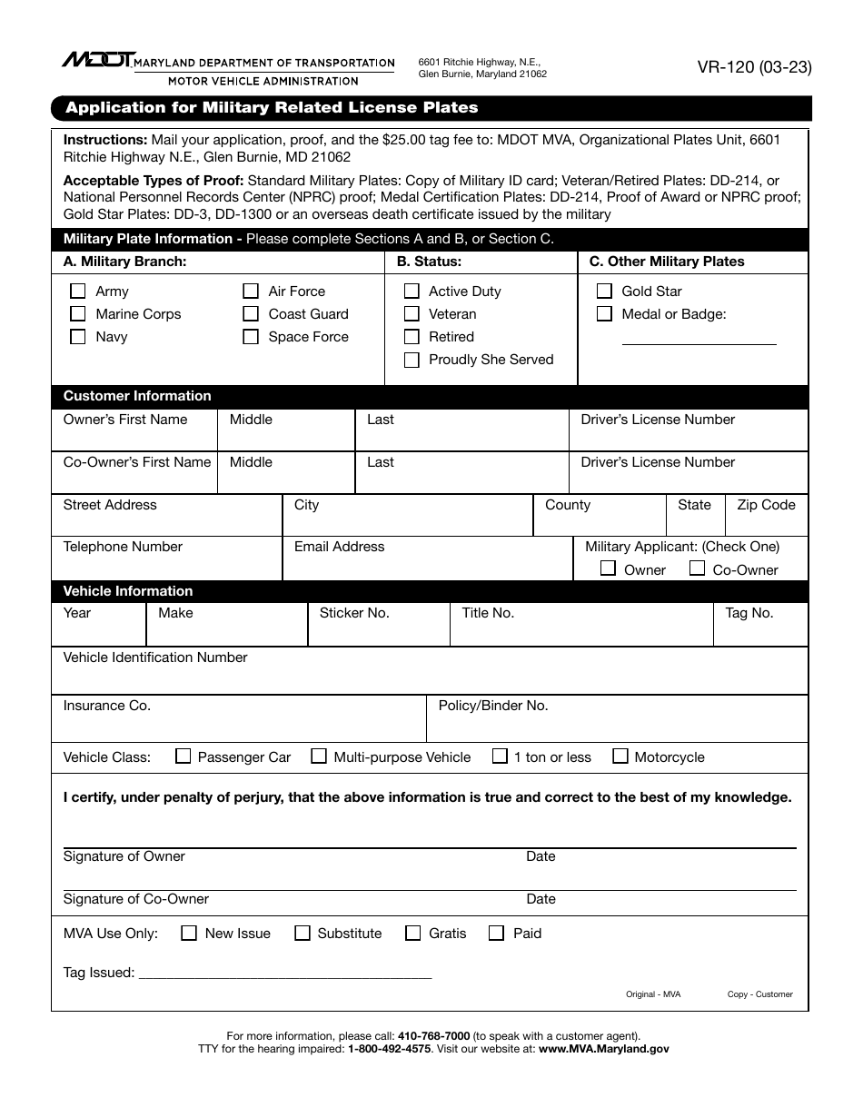 Form VR-120 Application for Military Related License Plates - Maryland, Page 1
