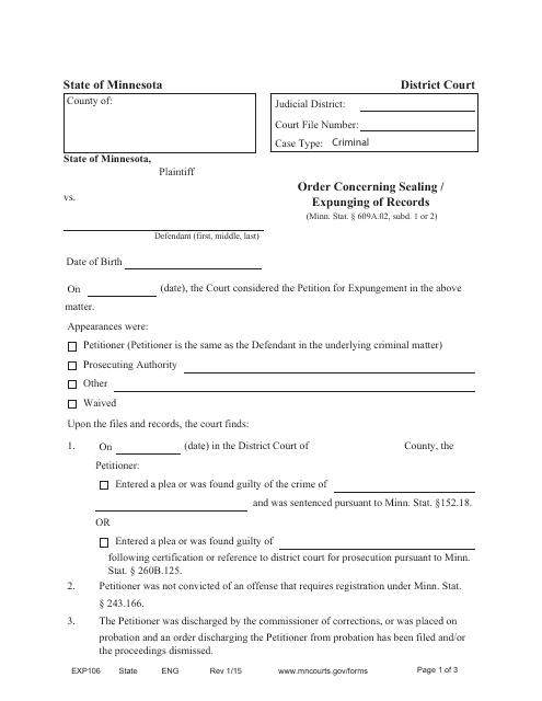 Form EXP106 Order Concerning Sealing/Expunging of Records - Michigan