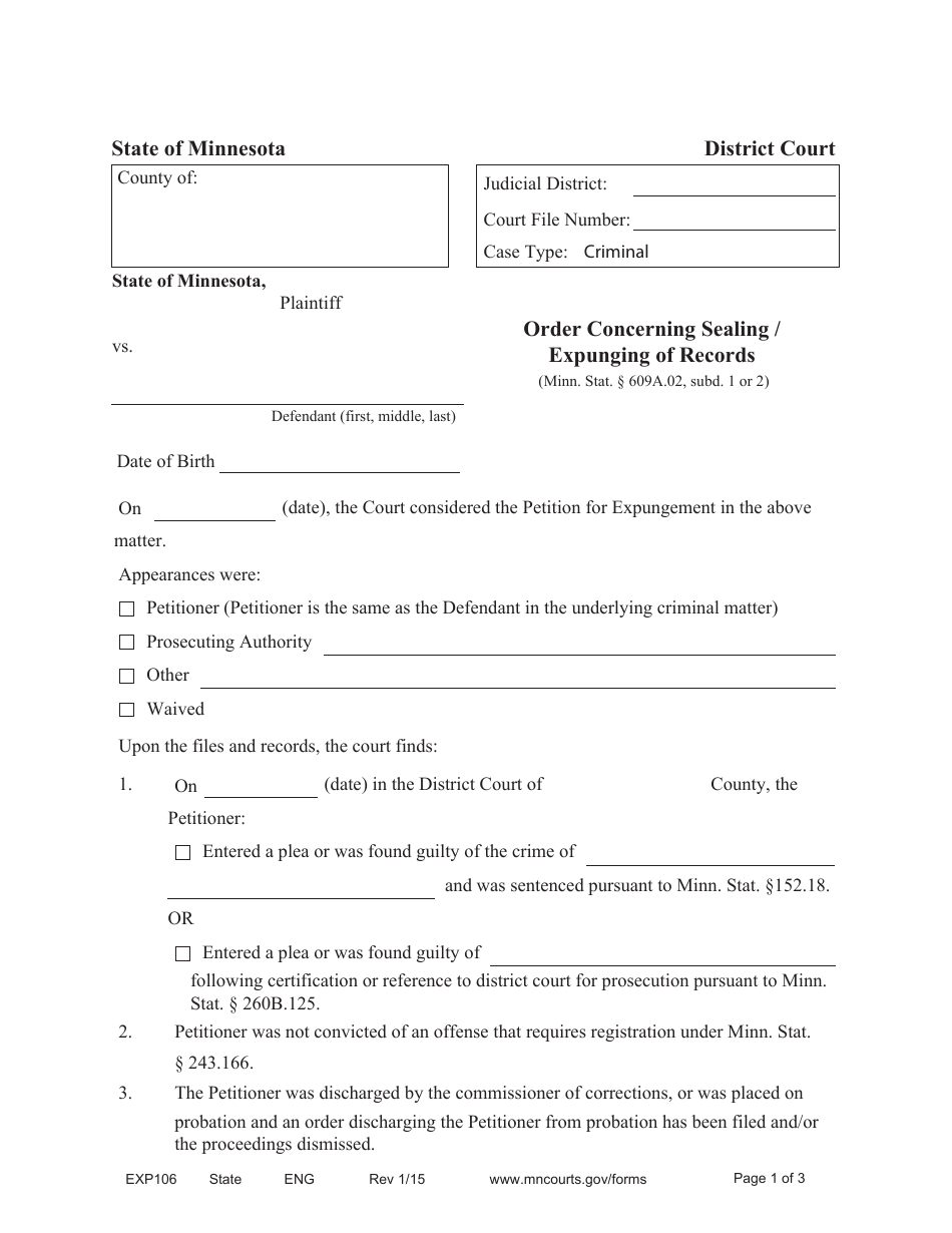 Form EXP106 Order Concerning Sealing / Expunging of Records - Michigan, Page 1