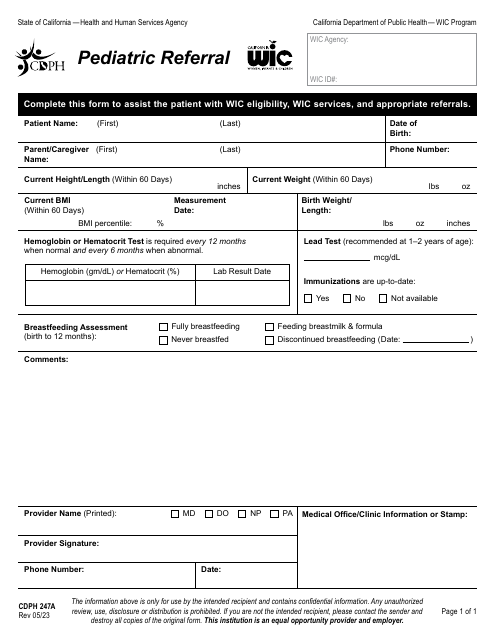 Form CDPH247A Pediatric Referral - Wic Program - California