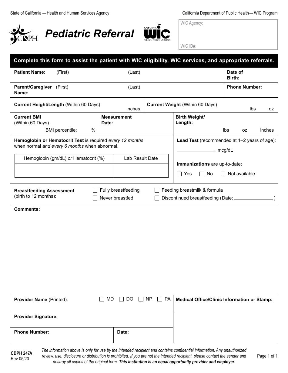 Form CDPH247A Pediatric Referral - Wic Program - California, Page 1